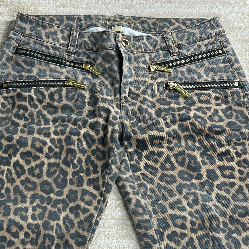 Michael Kors Leopard Print Pants Rocker Gold Zipper Skinny Animal Print Size 2